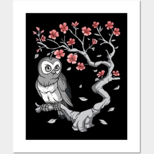 Owl Cherry Blossom Sakura Posters and Art